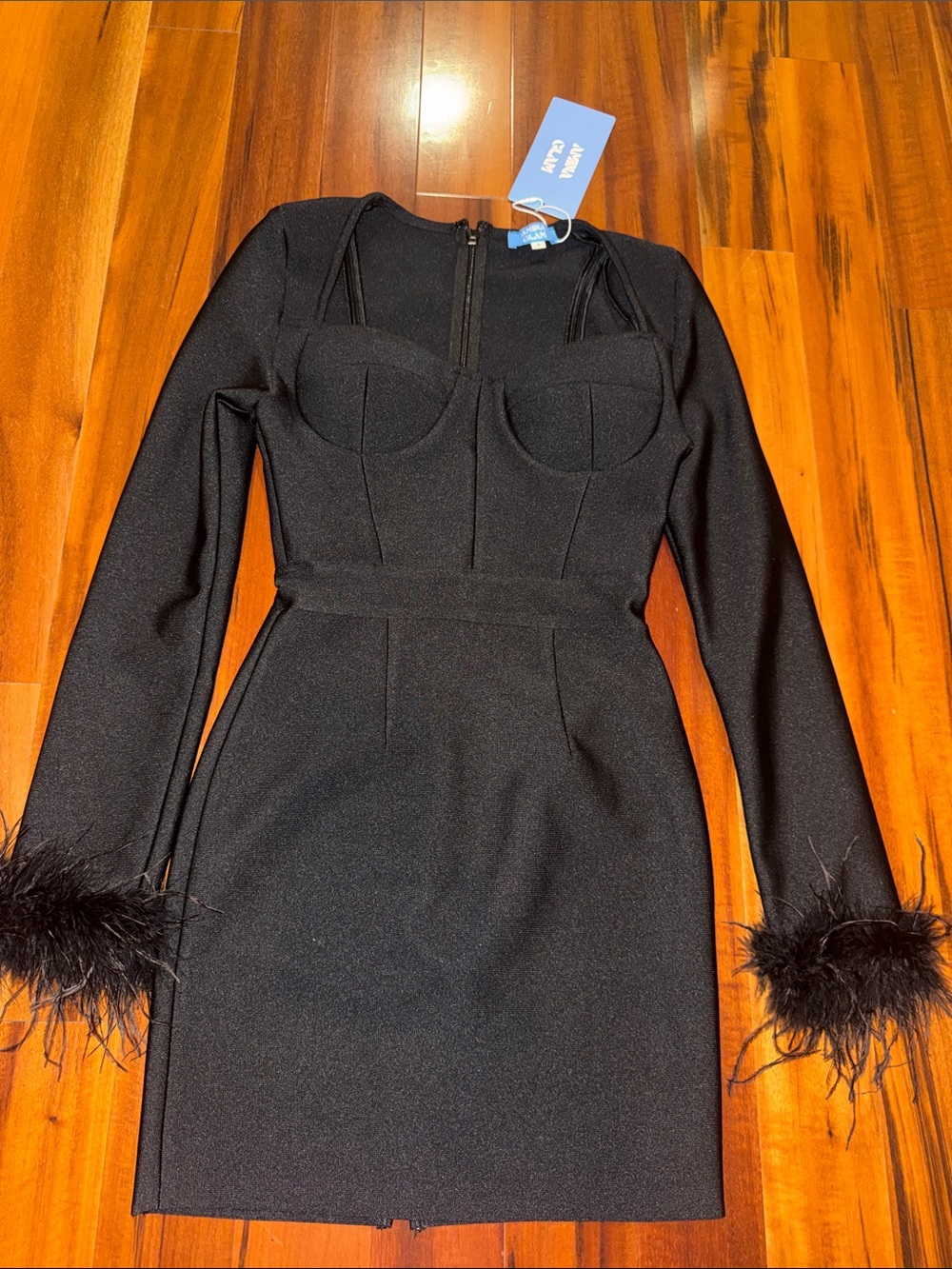 Black Long-Sleeve Feather Cuff Bodycon Dress